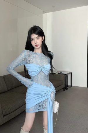 Quick Outfits, Modest Fashion Outfits Ideas Lace Ruched Mini Dress