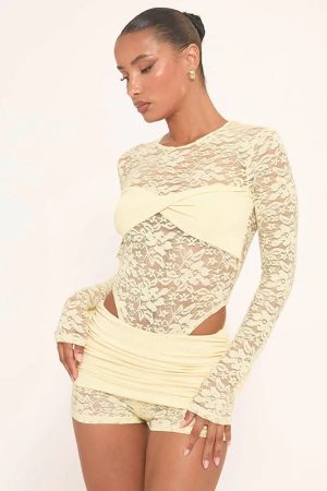 Quick Outfits, Modest Fashion Outfits Ideas Lace Top & Bodysuit Two Piece Set