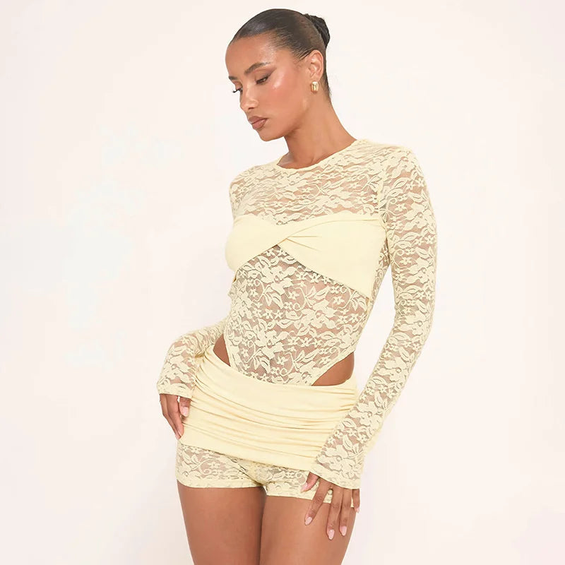 Quick Outfits, Modest Fashion Outfits Ideas Lace Top & Bodysuit Two Piece Set Quick Outfits, Modest Fashion Outfits Ideas Lace Top & Bodysuit Two Piece Set