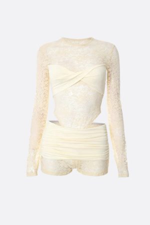 Quick Outfits, Modest Fashion Outfits Ideas Lace Top & Bodysuit Two Piece Set