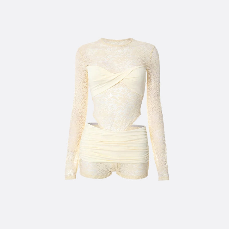 Quick Outfits, Modest Fashion Outfits Ideas Lace Top & Bodysuit Two Piece Set Quick Outfits, Modest Fashion Outfits Ideas Lace Top & Bodysuit Two Piece Set