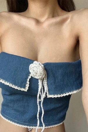 Quick Outfits, Modest Fashion Outfits Ideas Lace Trim Denim Tube Top