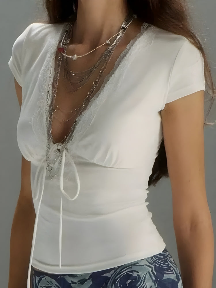 Quick Outfits, Modest Fashion Outfits Ideas Lace Trim Tie Front Top Quick Outfits, Modest Fashion Outfits Ideas Lace Trim Tie Front Top