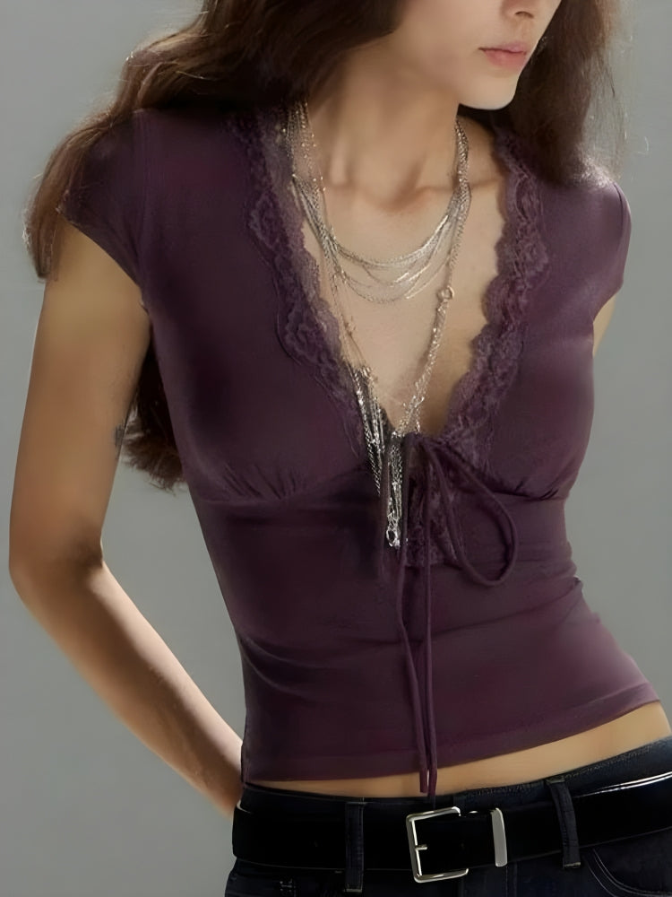 Quick Outfits, Modest Fashion Outfits Ideas Lace Trim Tie Front Top Quick Outfits, Modest Fashion Outfits Ideas Lace Trim Tie Front Top