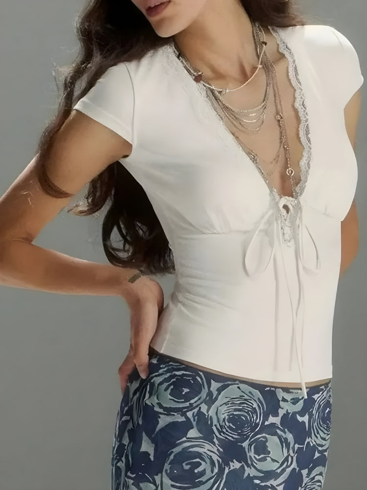 Quick Outfits, Modest Fashion Outfits Ideas Lace Trim Tie Front Top Quick Outfits, Modest Fashion Outfits Ideas Lace Trim Tie Front Top