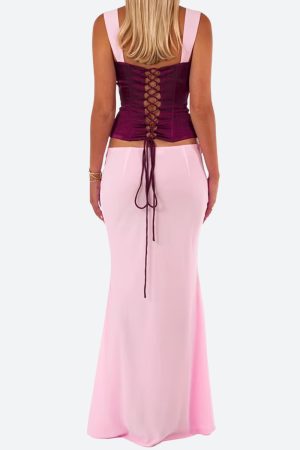 Quick Outfits, Modest Fashion Outfits Ideas Lace Up Corset Top & Maxi Skirt Two Piece Set