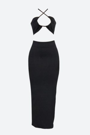 Quick Outfits, Modest Fashion Outfits Ideas Lace Up Crop Top & Slit Maxi Skirt Two Piece Set