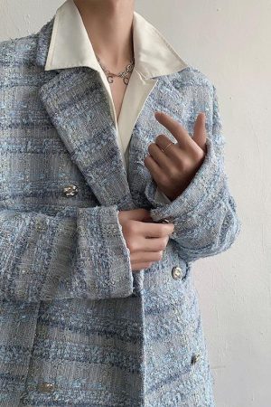 Quick Outfits, Modest Fashion Outfits Ideas Lapel Collar Blue Tweed Blazer