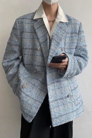 Quick Outfits, Modest Fashion Outfits Ideas Lapel Collar Blue Tweed Blazer