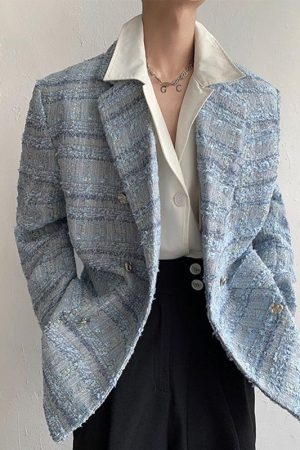 Quick Outfits, Modest Fashion Outfits Ideas Lapel Collar Blue Tweed Blazer