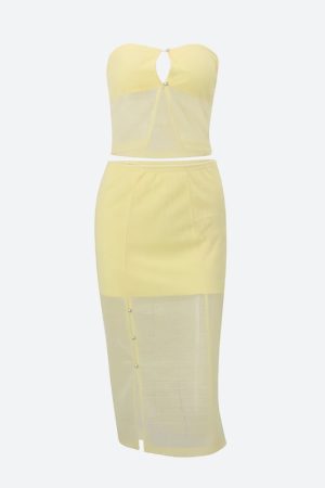 Quick Outfits, Modest Fashion Outfits Ideas Lemon Strapless Top & Midi Skirt Two Piece Set