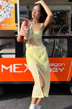 Quick Outfits, Modest Fashion Outfits Ideas Lemon Strapless Top & Midi Skirt Two Piece Set