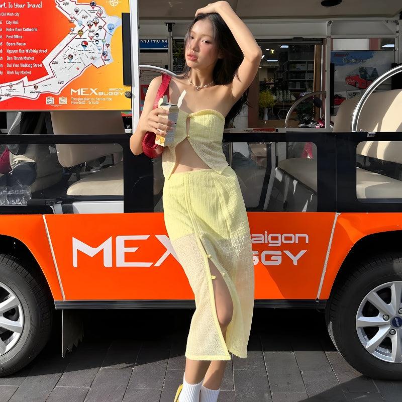 Quick Outfits, Modest Fashion Outfits Ideas Lemon Strapless Top & Midi Skirt Two Piece Set Quick Outfits, Modest Fashion Outfits Ideas Lemon Strapless Top & Midi Skirt Two Piece Set