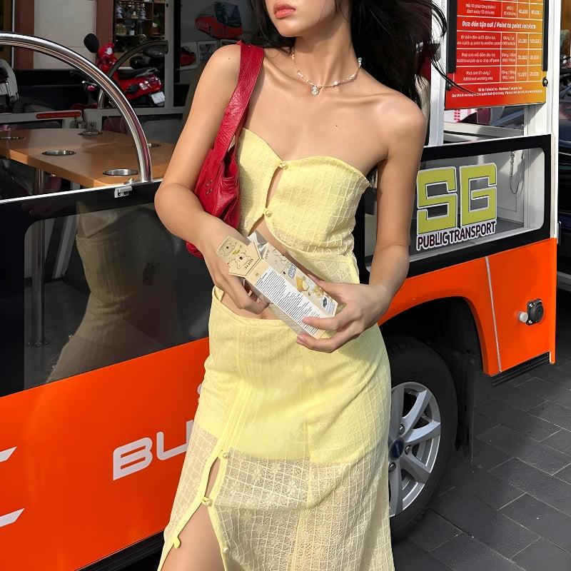 Quick Outfits, Modest Fashion Outfits Ideas Lemon Strapless Top & Midi Skirt Two Piece Set Quick Outfits, Modest Fashion Outfits Ideas Lemon Strapless Top & Midi Skirt Two Piece Set