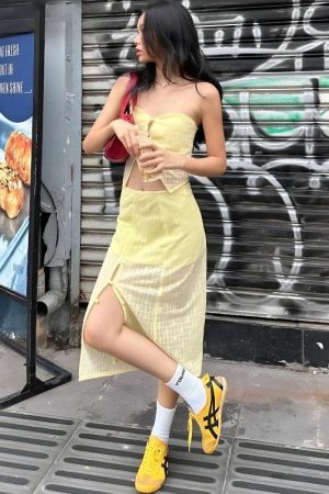 Quick Outfits, Modest Fashion Outfits Ideas Lemon Strapless Top & Midi Skirt Two Piece Set