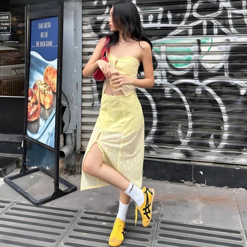 Quick Outfits, Modest Fashion Outfits Ideas Lemon Strapless Top & Midi Skirt Two Piece Set Quick Outfits, Modest Fashion Outfits Ideas Lemon Strapless Top & Midi Skirt Two Piece Set