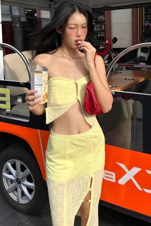 Quick Outfits, Modest Fashion Outfits Ideas Lemon Strapless Top & Midi Skirt Two Piece Set