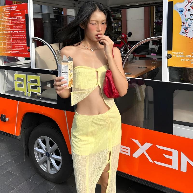 Quick Outfits, Modest Fashion Outfits Ideas Lemon Strapless Top & Midi Skirt Two Piece Set Quick Outfits, Modest Fashion Outfits Ideas Lemon Strapless Top & Midi Skirt Two Piece Set