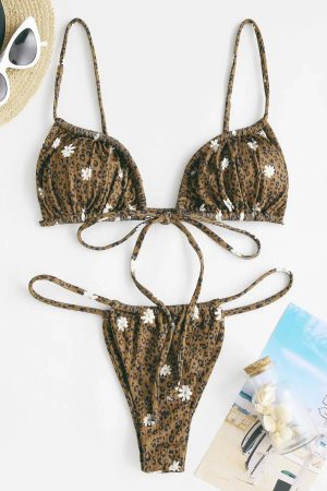 Quick Outfits, Modest Fashion Outfits Ideas Leopard Daisy Drawstring Bikini Set