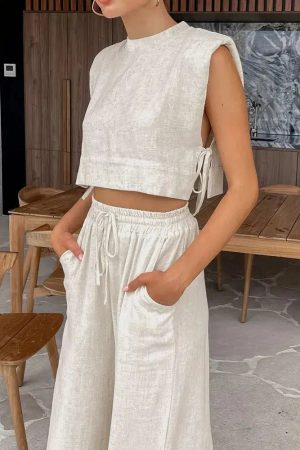 Quick Outfits, Modest Fashion Outfits Ideas Linen Lace Up Crop Top & Pants Two Piece Set