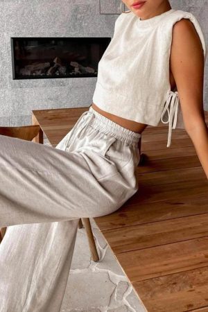 Quick Outfits, Modest Fashion Outfits Ideas Linen Lace Up Crop Top & Pants Two Piece Set