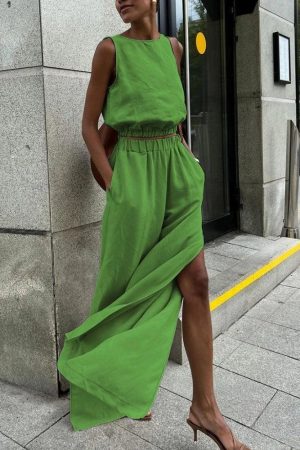 Quick Outfits, Modest Fashion Outfits Ideas Linen Top & Pants Two Piece Set