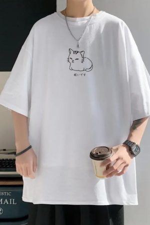 Quick Outfits, Modest Fashion Outfits Ideas Lying Cat Drop Shoulder Tee