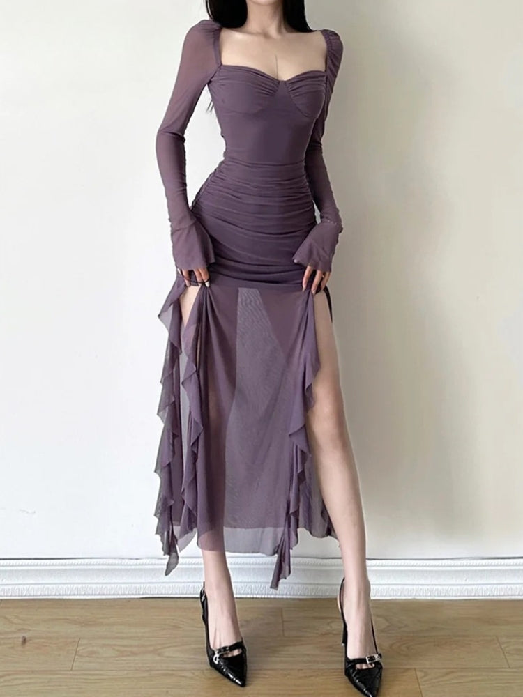 Quick Outfits, Modest Fashion Outfits Ideas Mesh Split Midi Dress Quick Outfits, Modest Fashion Outfits Ideas Mesh Split Midi Dress