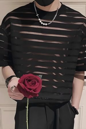 Quick Outfits, Modest Fashion Outfits Ideas Mesh Striped Sheer Top