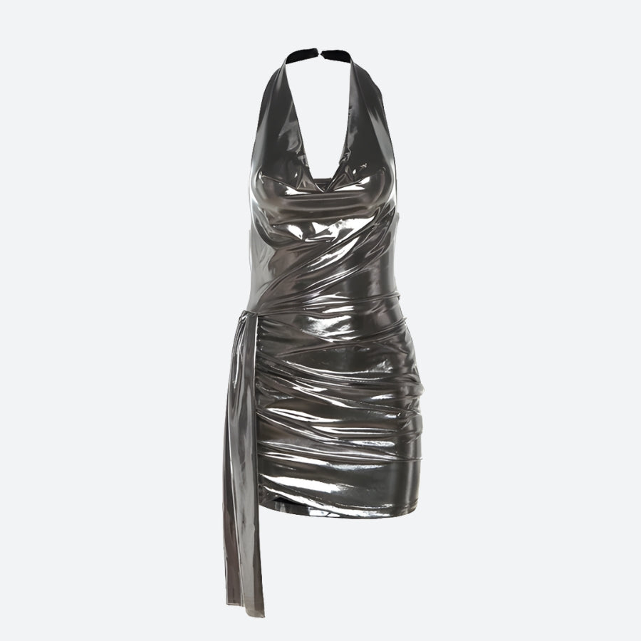 Quick Outfits, Modest Fashion Outfits Ideas Metallic Halter Neck Mini Dress Quick Outfits, Modest Fashion Outfits Ideas Metallic Halter Neck Mini Dress