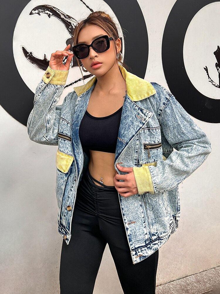 Quick Outfits, Modest Fashion Outfits Ideas Mid Wash Patchwork Denim Jacket Quick Outfits, Modest Fashion Outfits Ideas Mid Wash Patchwork Denim Jacket