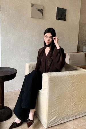 Quick Outfits, Modest Fashion Outfits Ideas Neck Tie Sheer Mesh Blouse