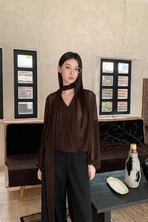 Quick Outfits, Modest Fashion Outfits Ideas Neck Tie Sheer Mesh Blouse