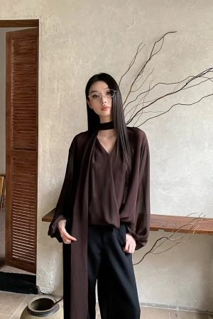 Quick Outfits, Modest Fashion Outfits Ideas Neck Tie Sheer Mesh Blouse