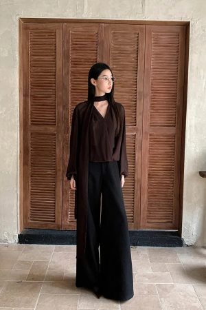 Quick Outfits, Modest Fashion Outfits Ideas Neck Tie Sheer Mesh Blouse