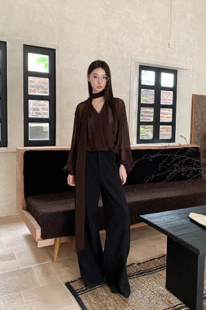 Quick Outfits, Modest Fashion Outfits Ideas Neck Tie Sheer Mesh Blouse