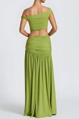 Quick Outfits, Modest Fashion Outfits Ideas Off Shoulder Crop Top & Slit Maxi Dress Two Piece Set
