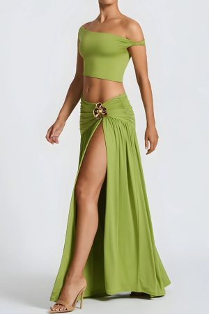 Quick Outfits, Modest Fashion Outfits Ideas Off Shoulder Crop Top & Slit Maxi Dress Two Piece Set