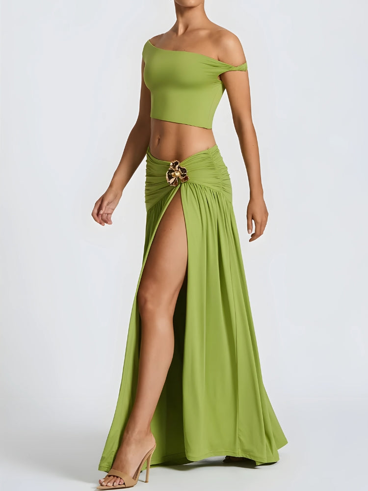 Quick Outfits, Modest Fashion Outfits Ideas Off Shoulder Crop Top & Slit Maxi Dress Two Piece Set Quick Outfits, Modest Fashion Outfits Ideas Off Shoulder Crop Top & Slit Maxi Dress Two Piece Set