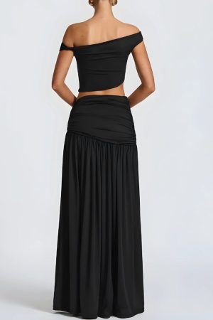 Quick Outfits, Modest Fashion Outfits Ideas Off Shoulder Crop Top & Slit Maxi Dress Two Piece Set