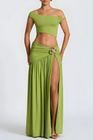 Quick Outfits, Modest Fashion Outfits Ideas Off Shoulder Crop Top & Slit Maxi Dress Two Piece Set