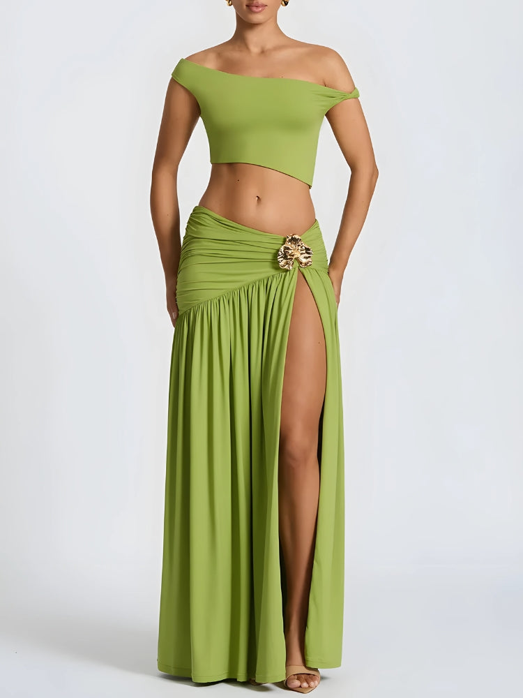 Quick Outfits, Modest Fashion Outfits Ideas Off Shoulder Crop Top & Slit Maxi Dress Two Piece Set Quick Outfits, Modest Fashion Outfits Ideas Off Shoulder Crop Top & Slit Maxi Dress Two Piece Set