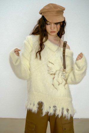 Quick Outfits, Modest Fashion Outfits Ideas Off Shoulder Distressed Knit Sweater