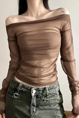 Quick Outfits, Modest Fashion Outfits Ideas Off Shoulder Mesh Top