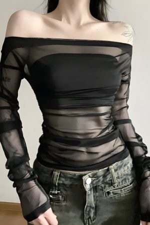 Quick Outfits, Modest Fashion Outfits Ideas Off Shoulder Mesh Top