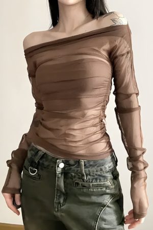 Quick Outfits, Modest Fashion Outfits Ideas Off Shoulder Mesh Top