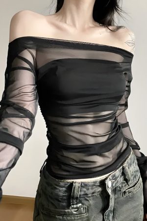 Quick Outfits, Modest Fashion Outfits Ideas Off Shoulder Mesh Top