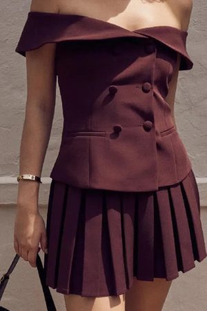 Quick Outfits, Modest Fashion Outfits Ideas Off Shoulder Top & Pleated Mini Skirt Two Piece Set