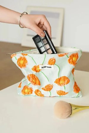 Quick Outfits, Modest Fashion Outfits Ideas Orange Flowers Makeup Bag