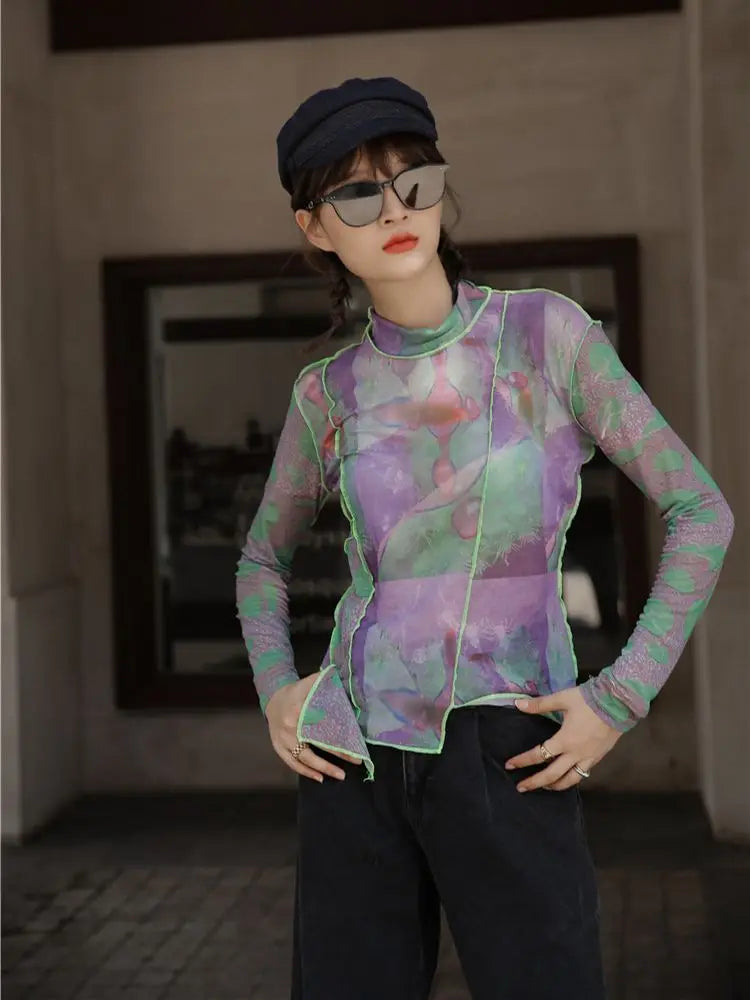 Quick Outfits, Modest Fashion Outfits Ideas Patchwork Asymmetric Mesh Top Quick Outfits, Modest Fashion Outfits Ideas Patchwork Asymmetric Mesh Top